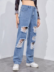 Distressed High Waist Wide Leg Jeans