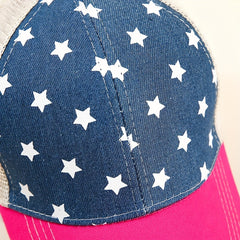 Star Print Ponytail Baseball Cap Pink Block Mesh Trucker Dad Hats