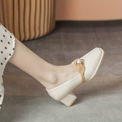 Chunky Heel Mary Jane Knot Band Slip On Mid Heel Dress Shoes