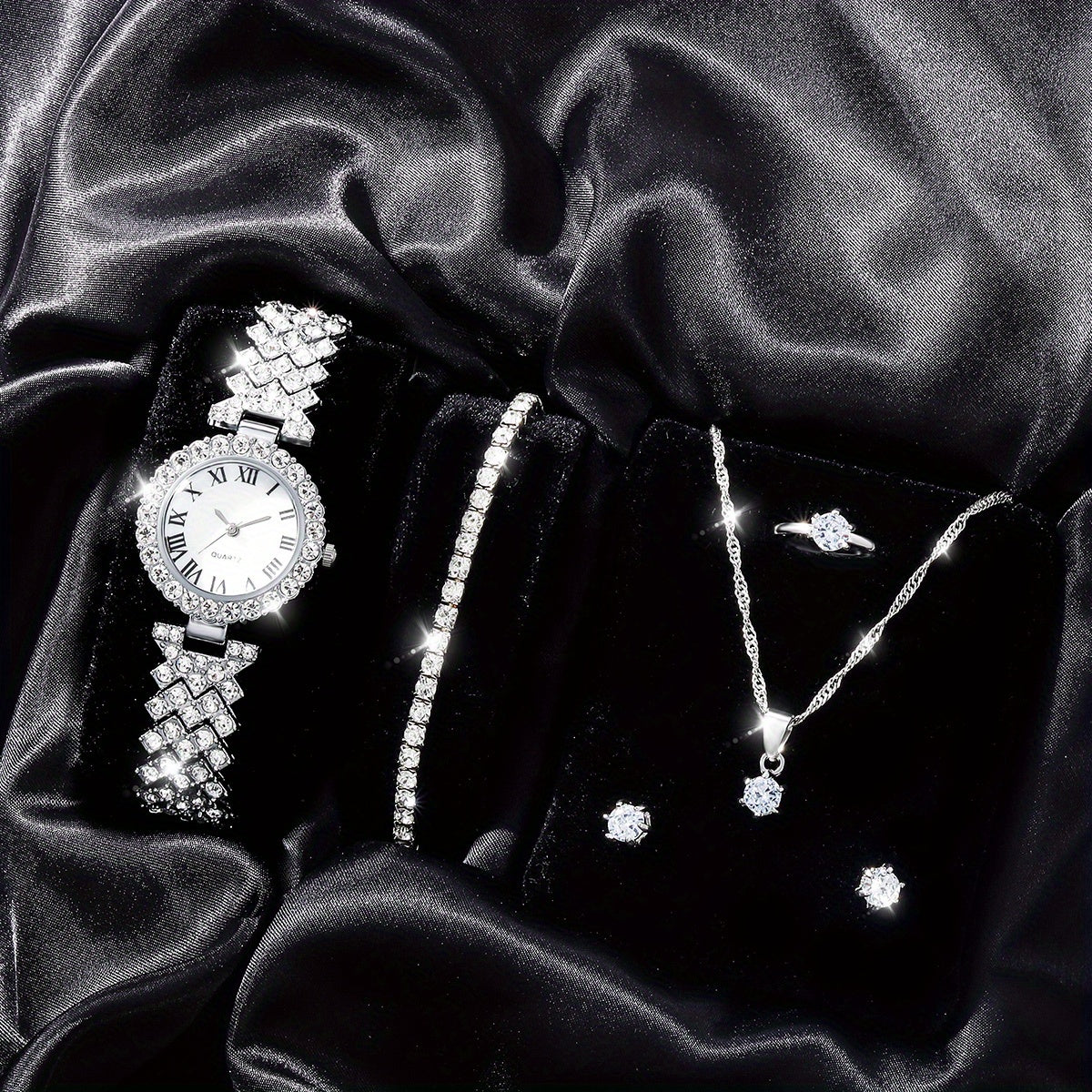 Rhinestone Decorated Quartz Watch & 5pcs Jewelry Set for Girls