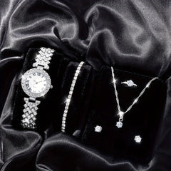 Rhinestone Decorated Quartz Watch & 5pcs Jewelry Set for Girls