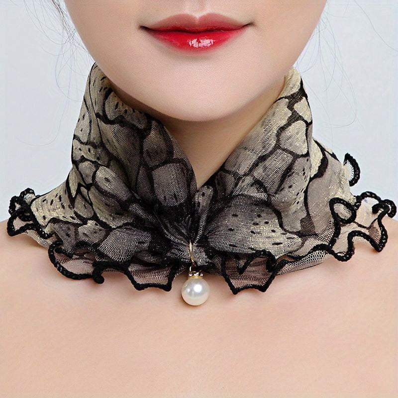 Floral Print Infinity Scarf with Faux Pearl Pendant