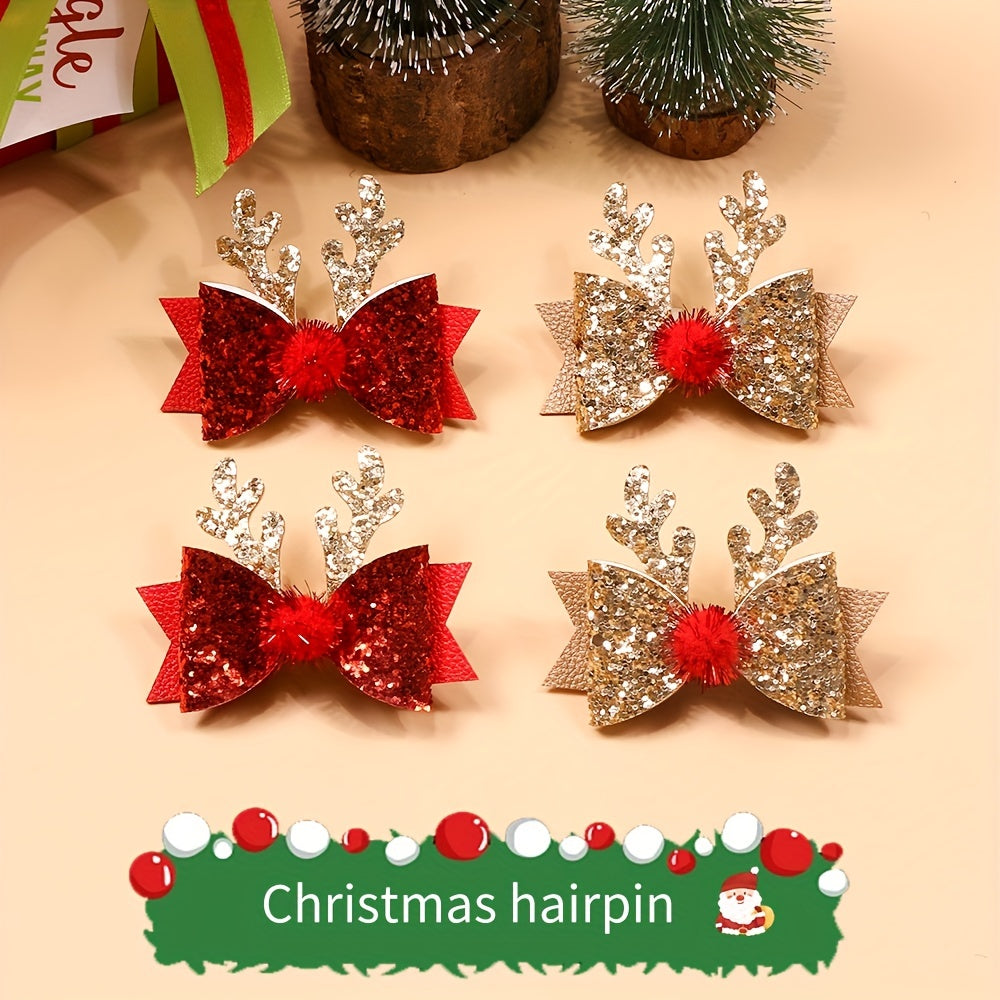 4pcs Christmas Antlers Sequin Bow Hair Clip for Baby Girls