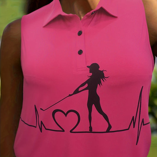 Women's Graphic Print Polo Neck Stretch Vest Top