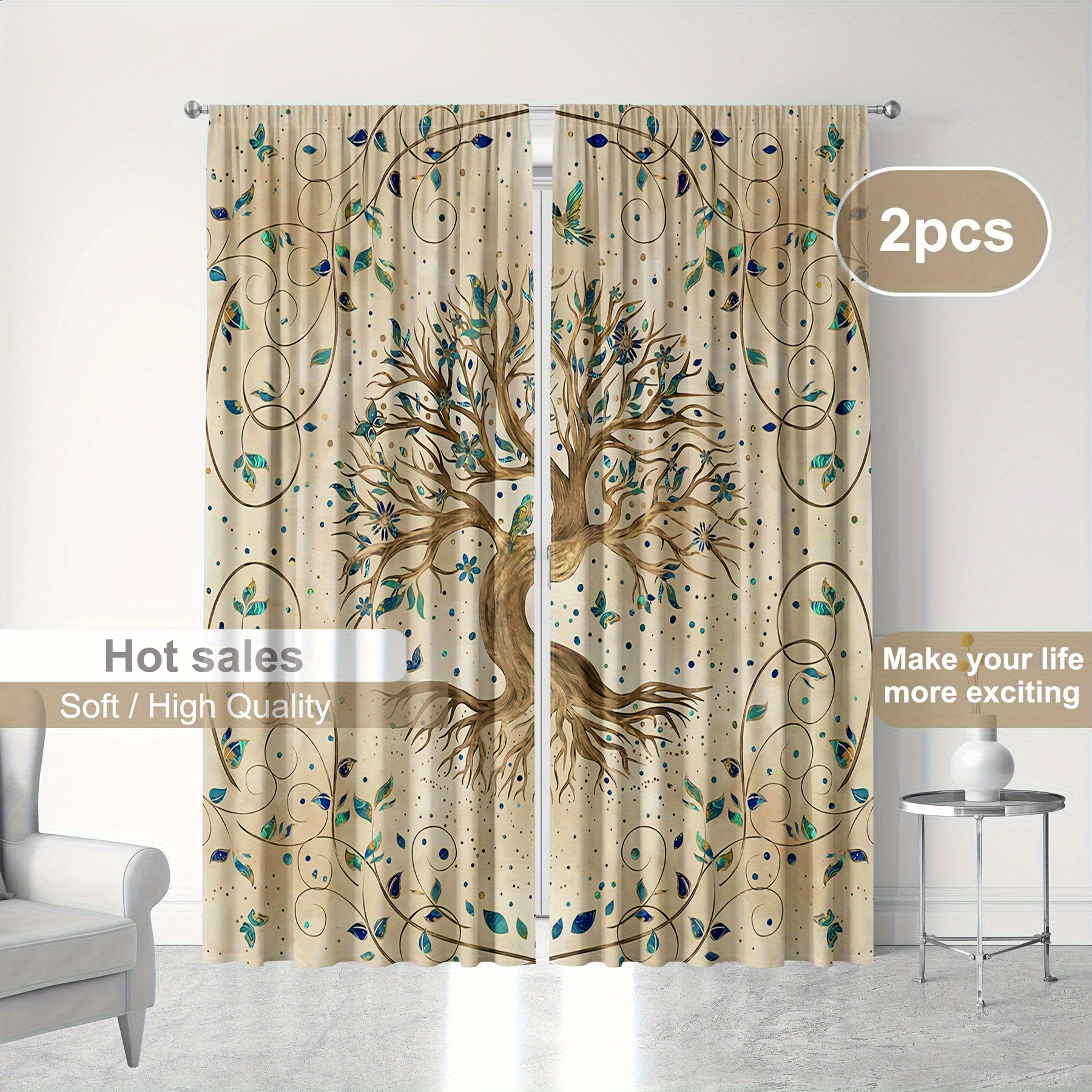 2pc Yellow Tree of Life Pattern Curtains with Pillowcase - Rod Pocket Style