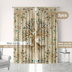 2pc Yellow Tree of Life Pattern Curtains with Pillowcase - Rod Pocket Style
