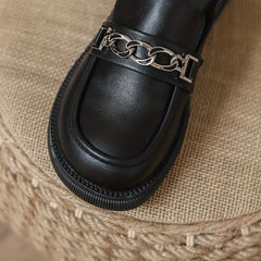 Metallic Chain Chunky Heel Loafers British Style Slip On Shoes