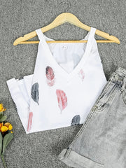 Feather Print V Neck Top Casual Summer Sleeveless Top