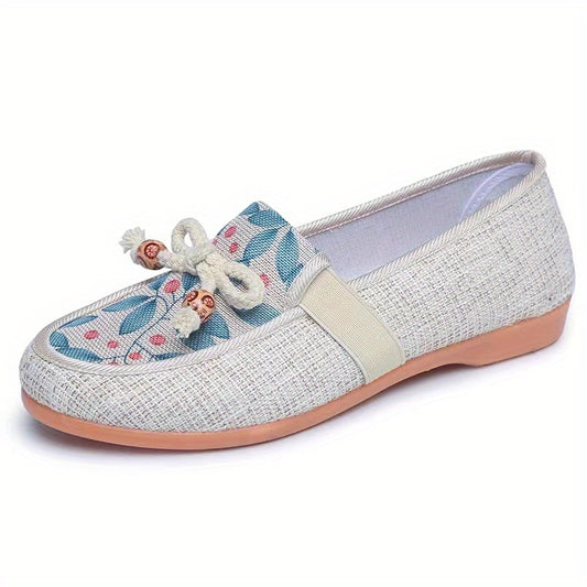 Women's Floral Printed Flat Shoes Comfy Bow Slip On Linen Shoes