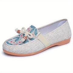 Women's Floral Printed Flat Shoes Comfy Bow Slip On Linen Shoes