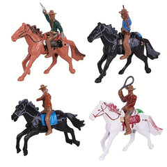 4pcs Western Cowboy and Tribal Figures Set Action Poses Rider Statues Horseback