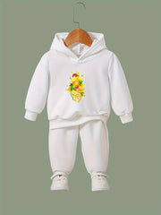 Cartoon Fruit Print Hooded Pullover Pants Set For Sports Spring Fall Gift