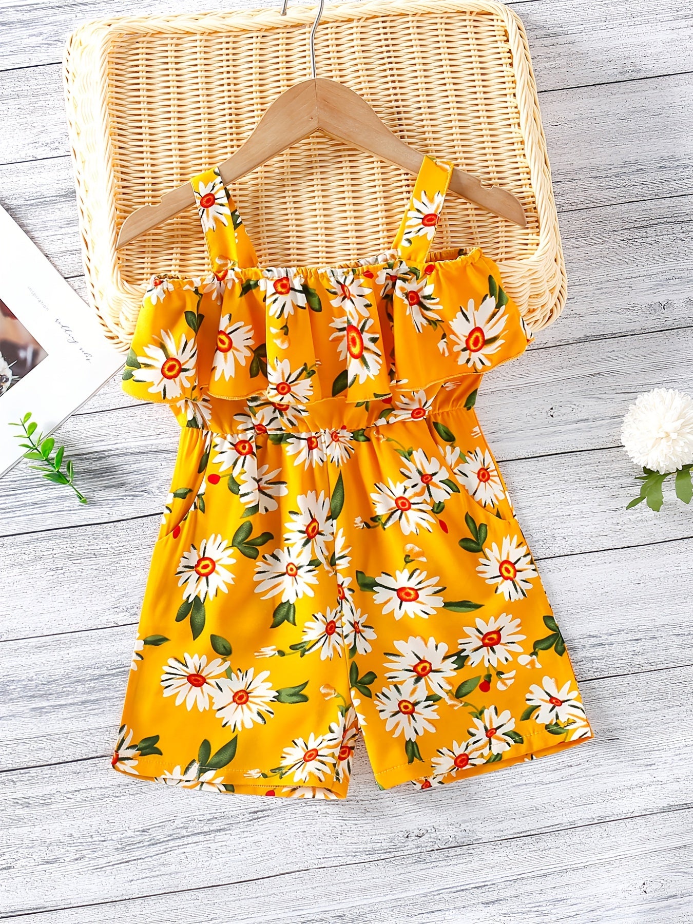 Floral Cold Shoulder Ruffle Trim Romper Jumpsuit Girls Summer Clothes