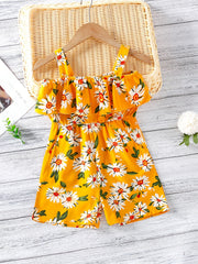 Floral Cold Shoulder Ruffle Trim Romper Jumpsuit Girls Summer Clothes