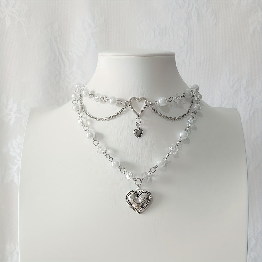 Silver Heart Beaded Choker Necklace Y2K Jewelry