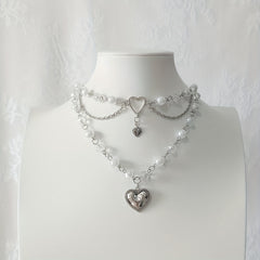 Silver Heart Beaded Choker Necklace Y2K Jewelry