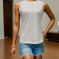 Eyelet Tank Top Crew Neck Summer Sleeveless Solid Top