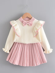 Girl's Ruffle Sweater & Pleated Skirt Set Bow Decor Casual Outfits