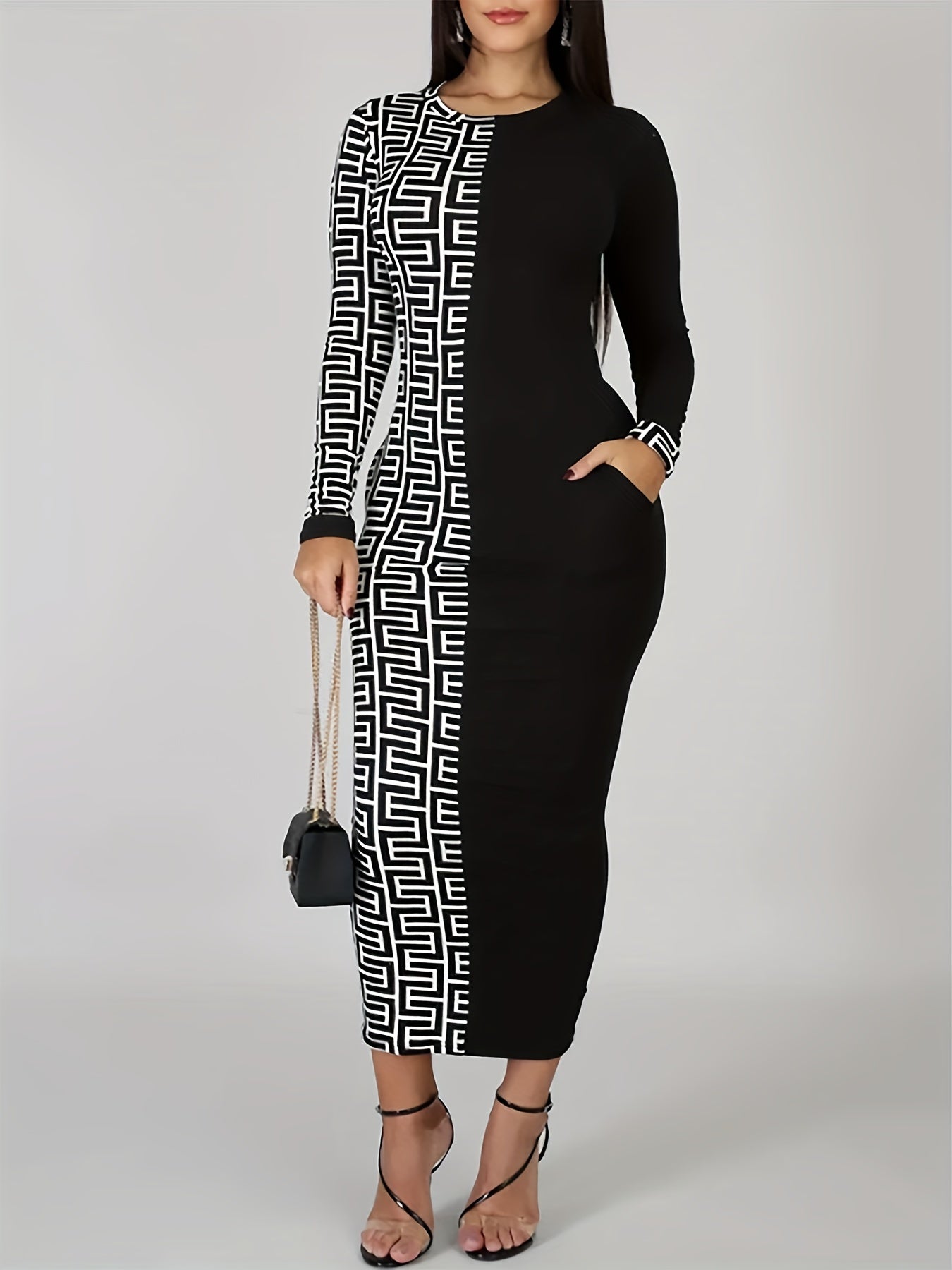 Colorblock Geometric Print Bodycon Midi Dress