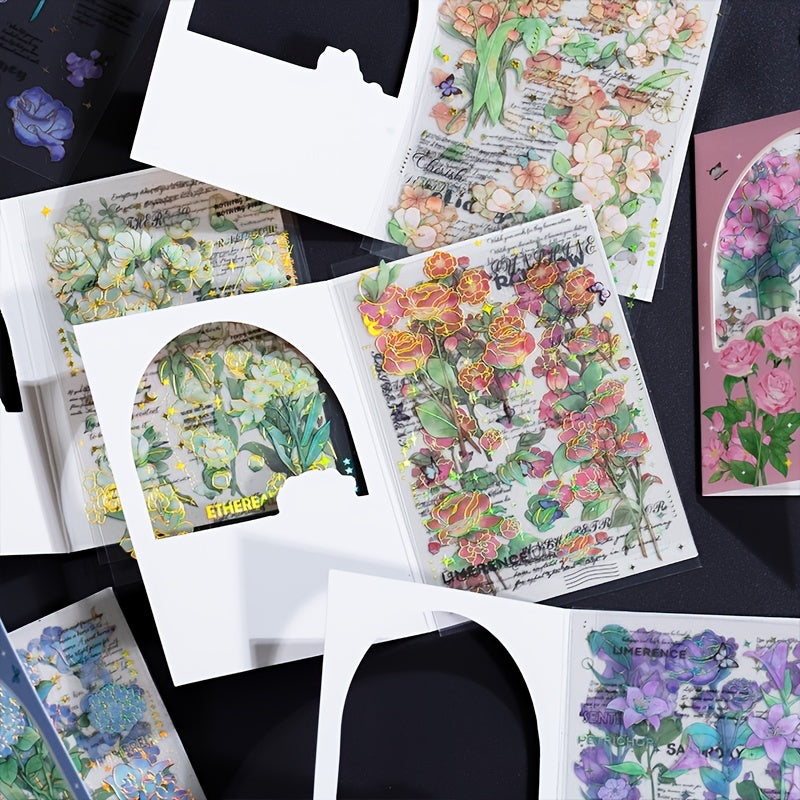 4-Piece Set PET Gilded Flower Stickers Retro Hand Ledger Stickers