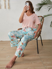 Casual Pajamas Set Women's Plus Soft Tee & Floral Print Pants