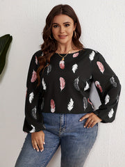 Plus Feather Print Lantern Sleeve Round Neck Loose Fit Shirt Top