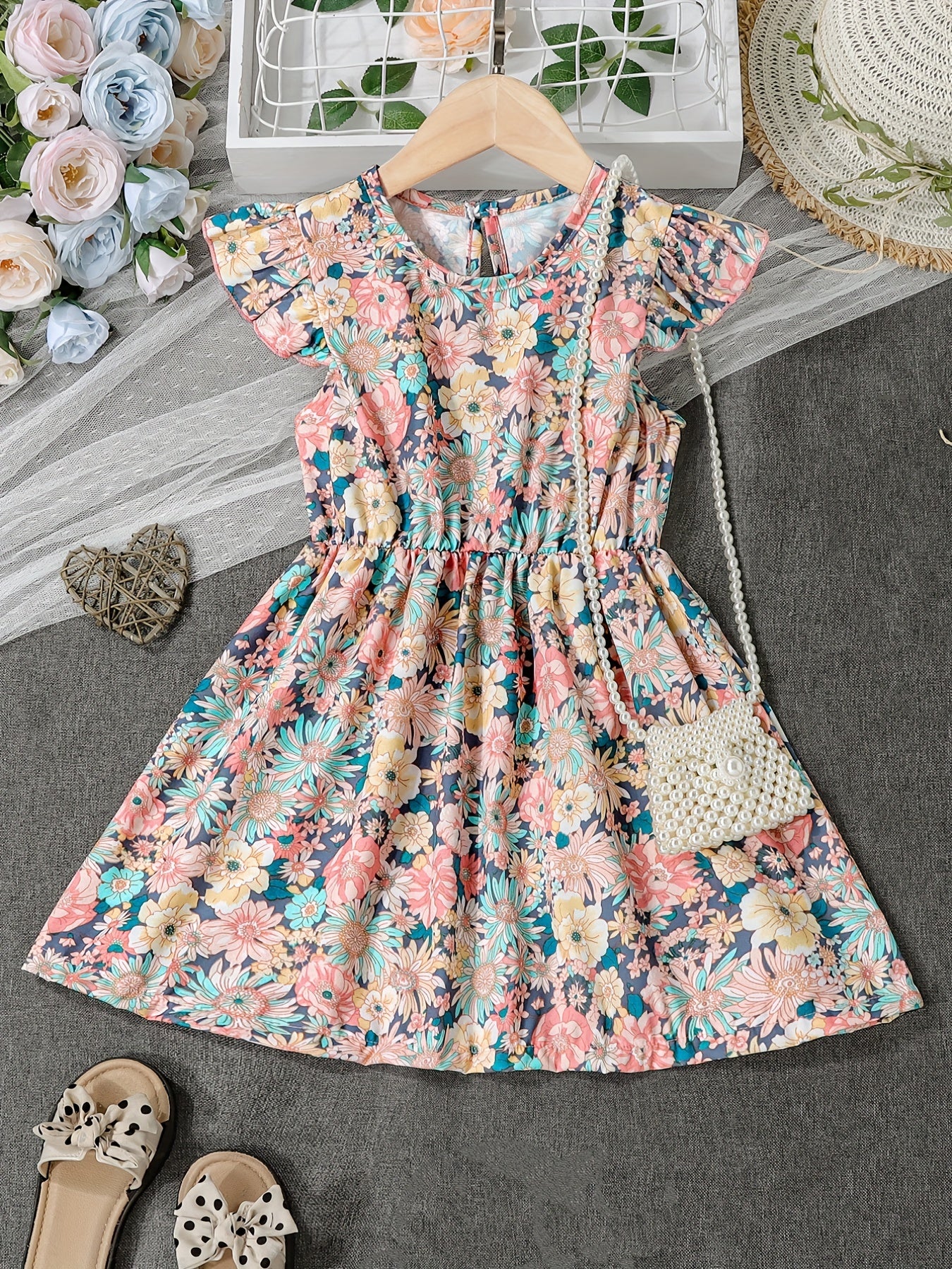 Girls Ruffle Trim Flowers Graphic Princess Dress For Party Beach Vacation