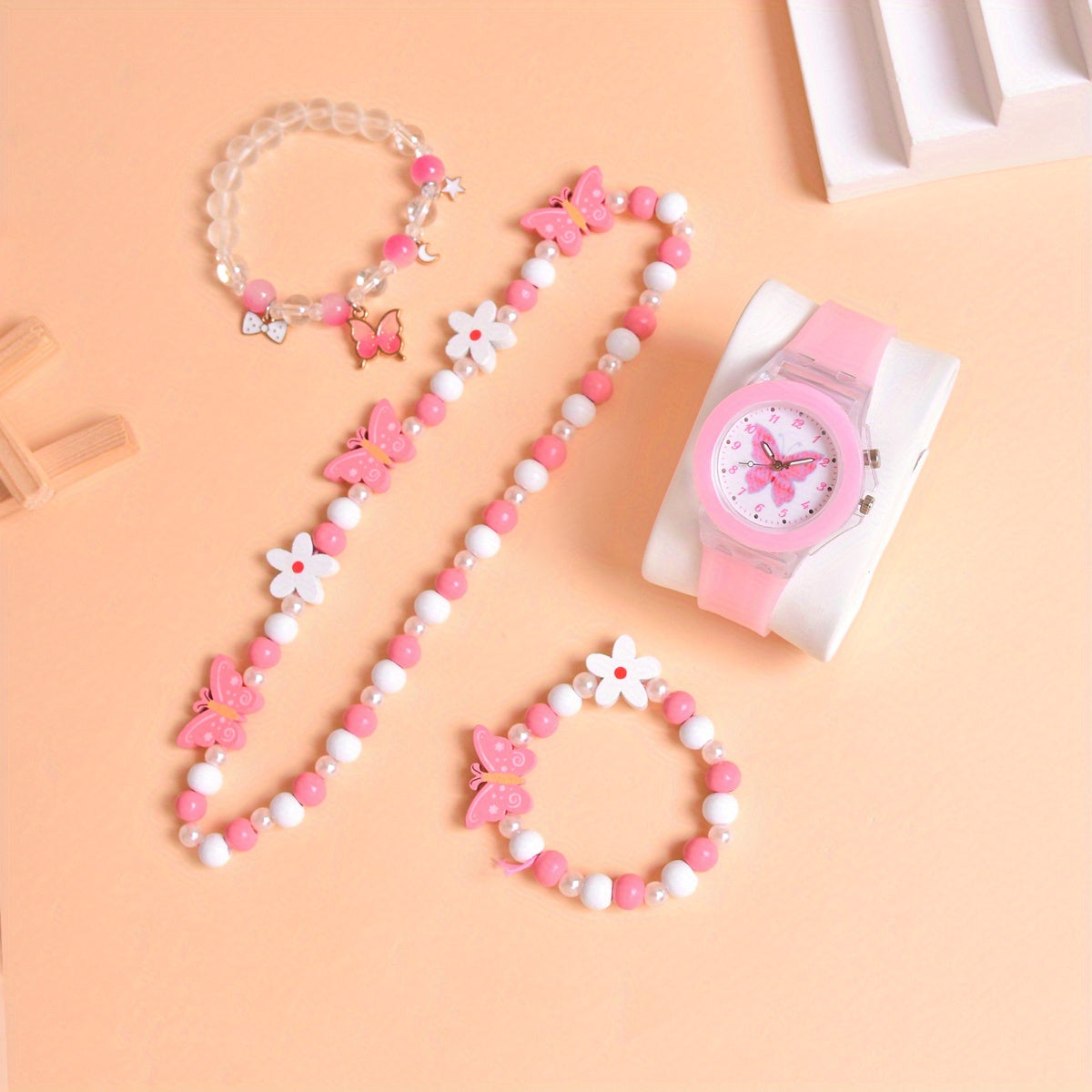 4pcs Butterfly Watch Set + Beaded Bracelet Accessory