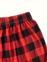 Casual Lounge Set Solid Crop Top & Plaid Joggers Pajamas