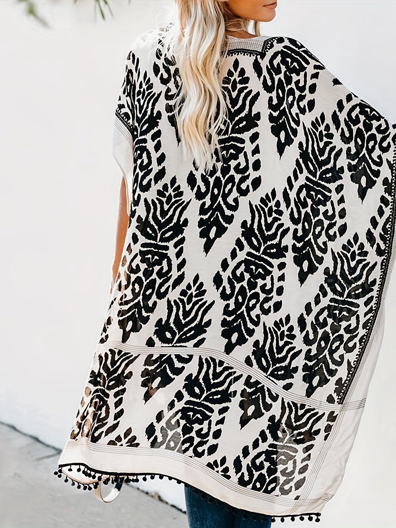 Geometric Print Pompom Trim Kimono Cover Up