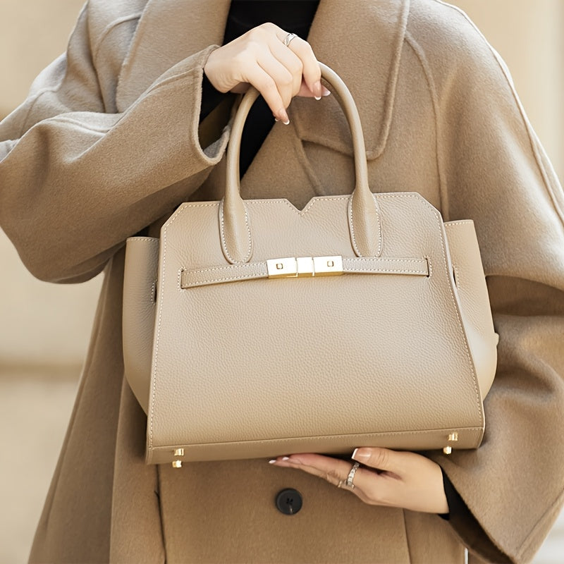 Large Capacity Beige Leather Handbag with Adjustable Strap