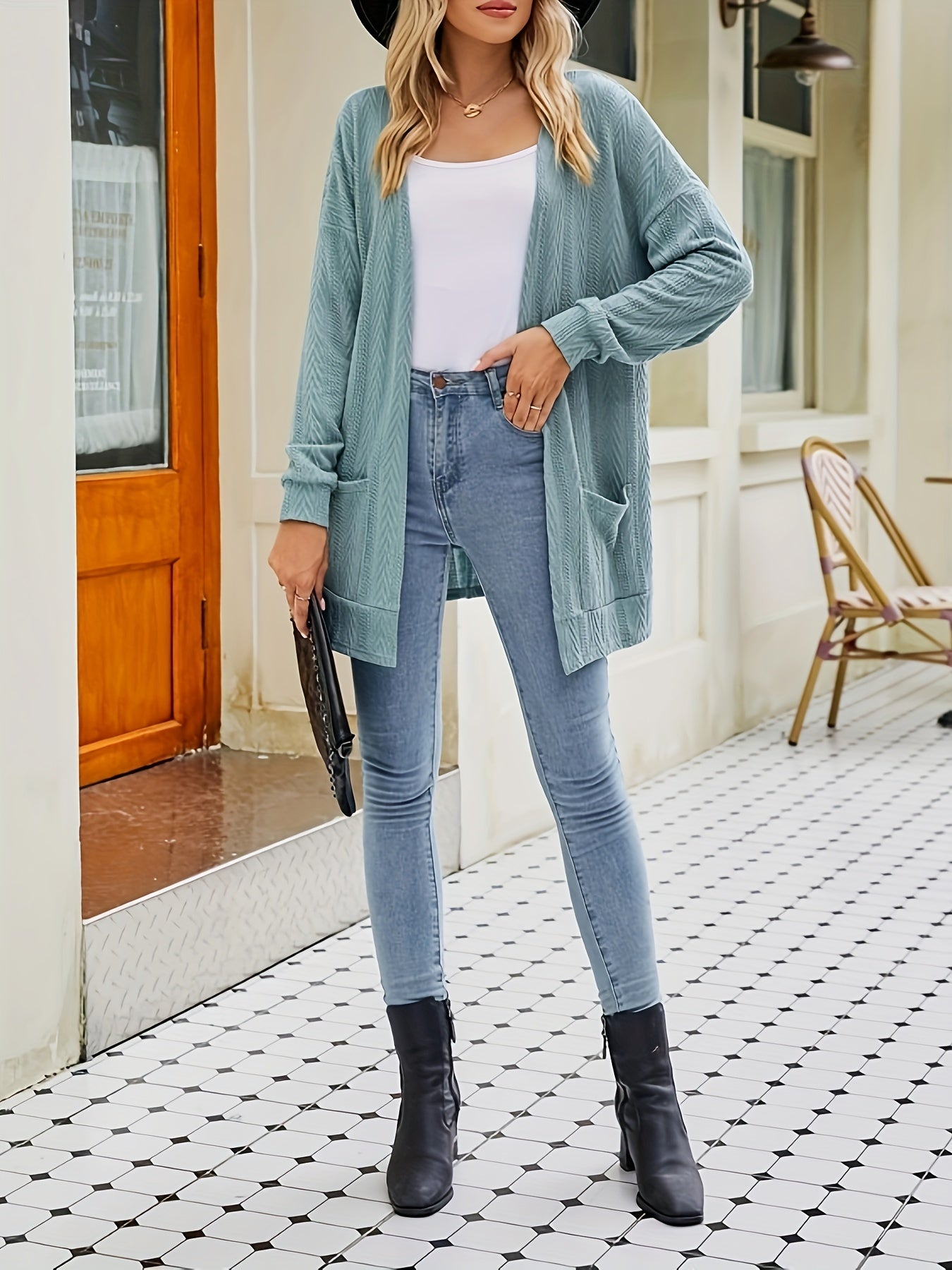 Solid Jacquard Long Sleeve Cardigan With Pockets