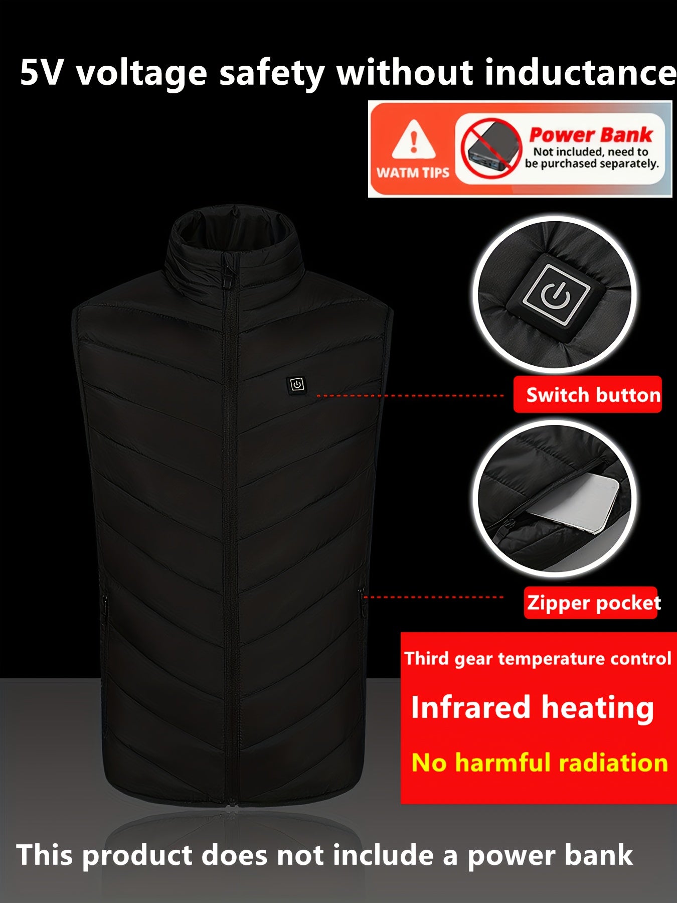 Men's Smart Heating Vest for Winter, 2 Areas, Warm Outdoor Clothing