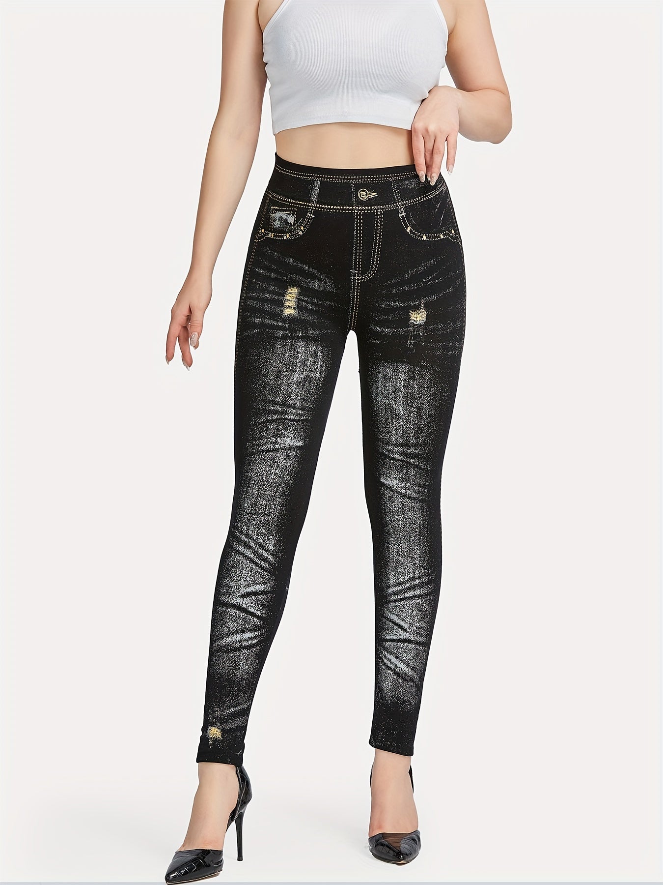 Denim Print High Waisted Leggings Casual Skinny Leggings