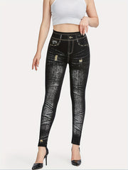Denim Print High Waisted Leggings Casual Skinny Leggings