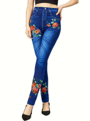 Floral Denim Print High Rise Stretch Leggings