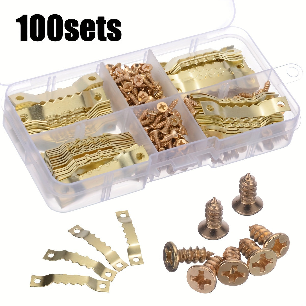 100pcs 45 8mm Golden Saw Tooth Hangers Canvas Picture Frame Hooks Screws