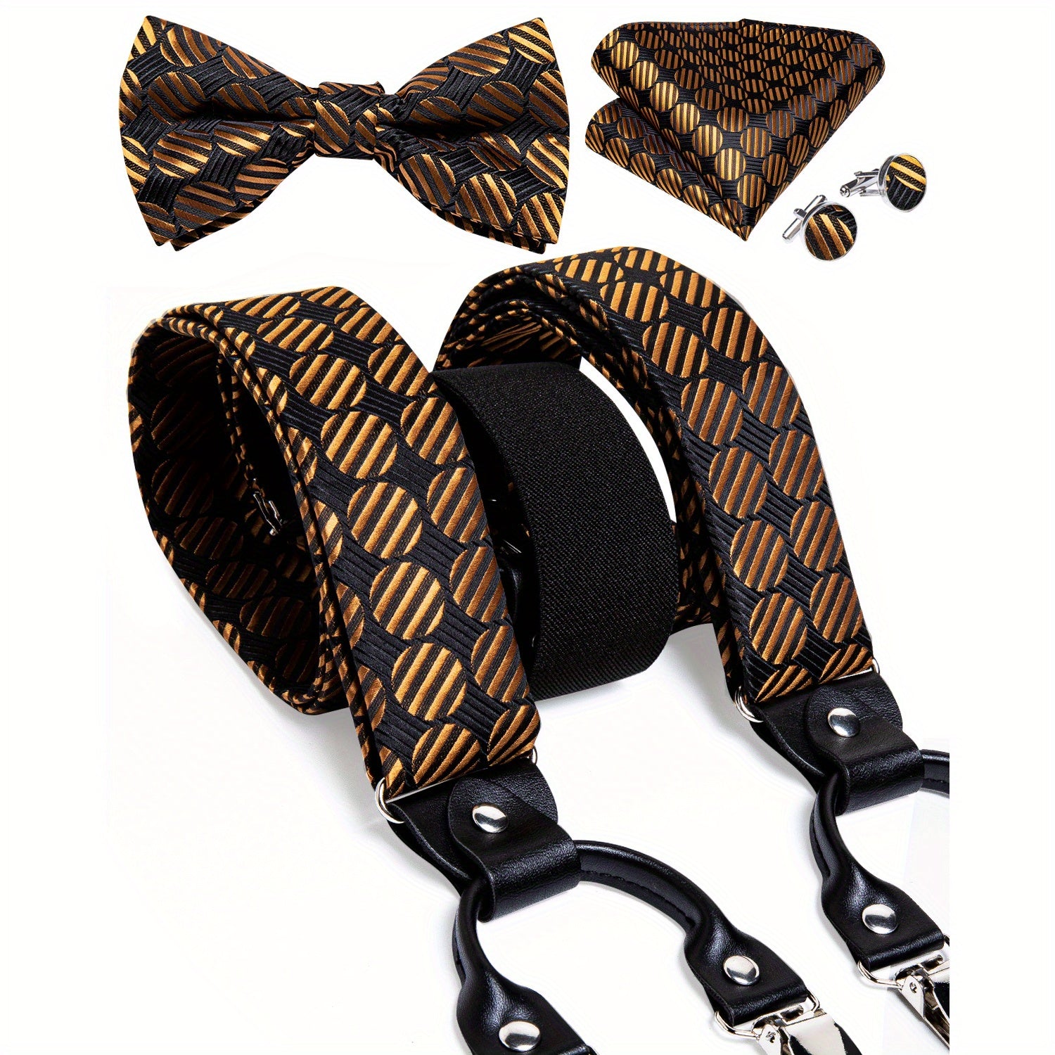 Men's Silk Suspenders Set Adjustable Braces Vintage 6 Clip Trousers Strap