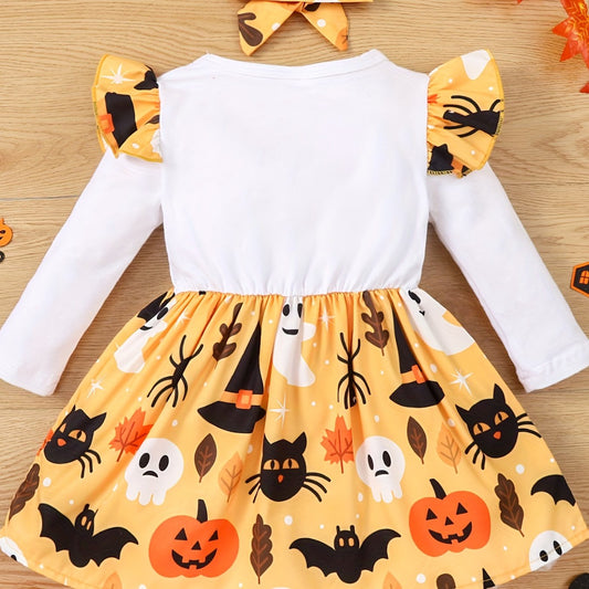 Cartoon Graphic Cotton Halloween Dress for Baby Girl