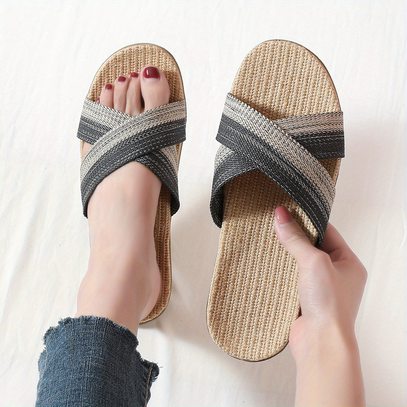Striped Linen Slippers Open Toe Slip On Shoes for Indoor Home
