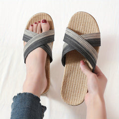 Striped Linen Slippers Open Toe Slip On Shoes for Indoor Home