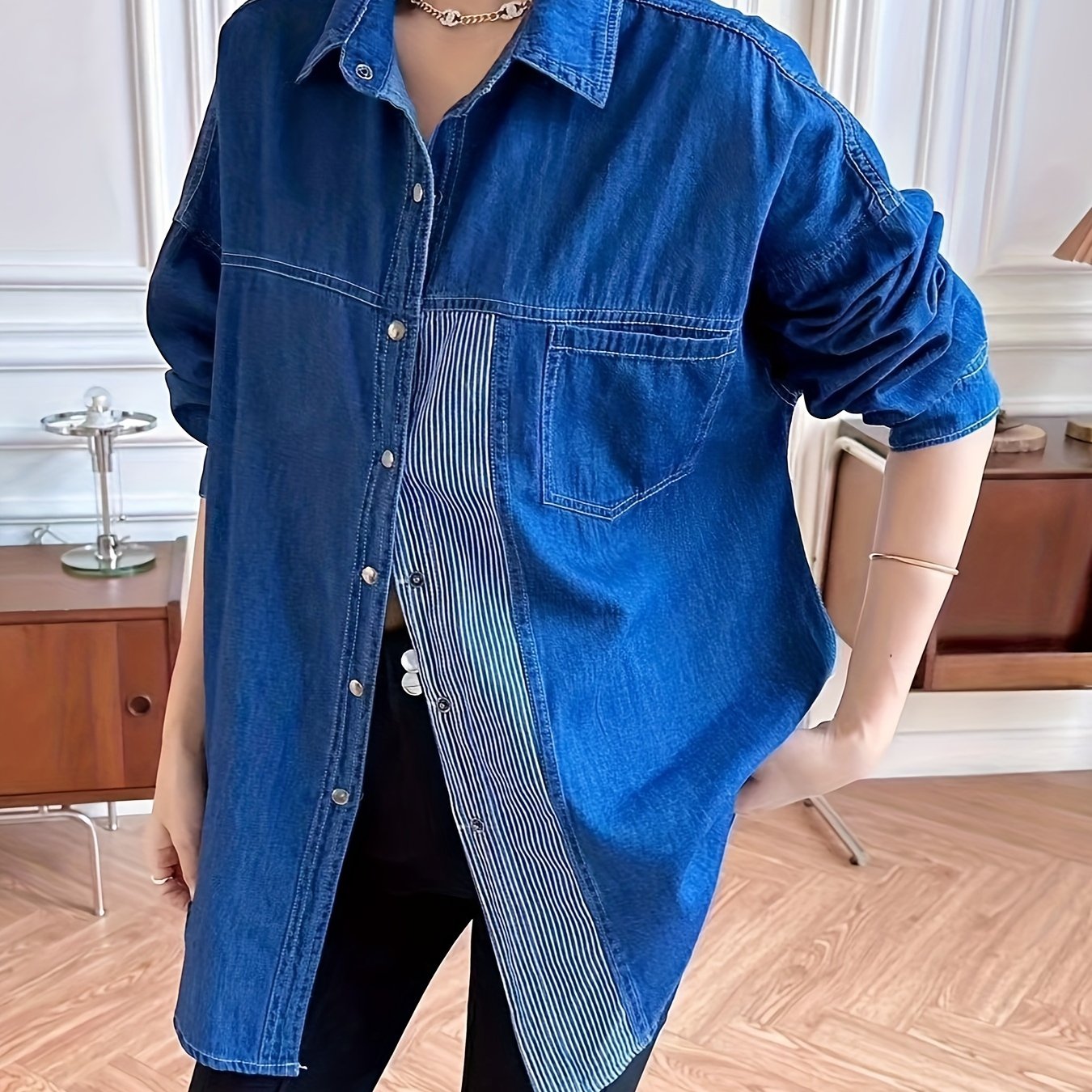 Colorblock Stripe Denim Blouse Button Down Long Sleeve