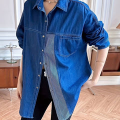 Colorblock Stripe Denim Blouse Button Down Long Sleeve