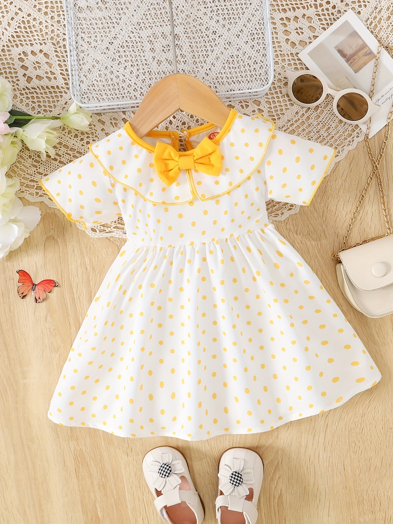 Baby Girl's Polka Dot Print Bow Short Sleeve Dress Toddler Clothes