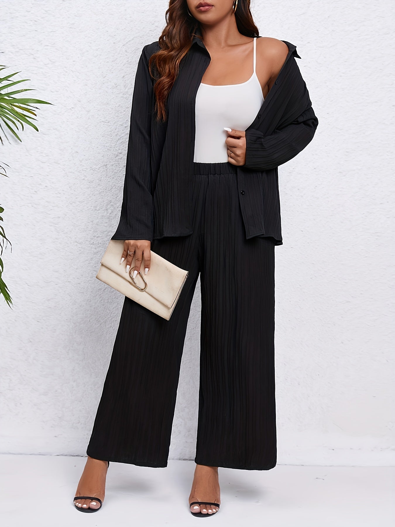 Solid Ribbed Button Up Polo Neck Blouse & Wide Leg Pants Set