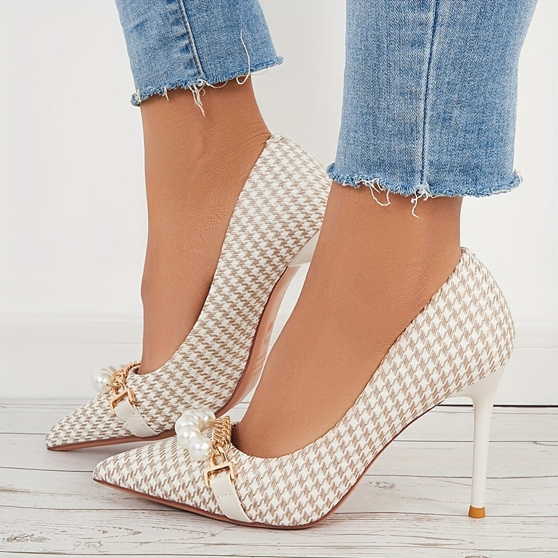 Houndstooth High Heels Faux Pearl Chain Pointed Toe Stiletto Heels