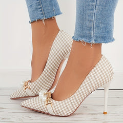 Houndstooth High Heels Faux Pearl Chain Pointed Toe Stiletto Heels