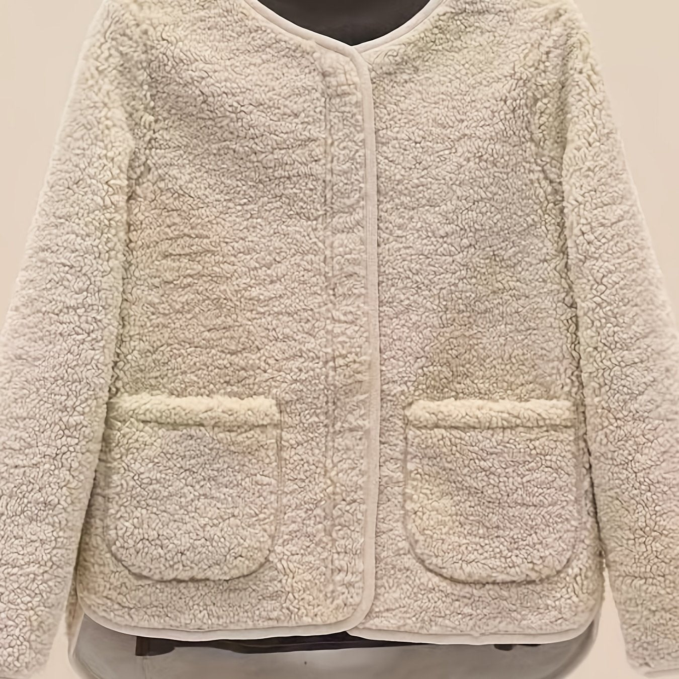 Solid Pocket Front Teddy Coat Casual Crew Neck Long Sleeve Outerwear