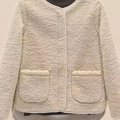 Solid Pocket Front Teddy Coat Casual Crew Neck Long Sleeve Outerwear