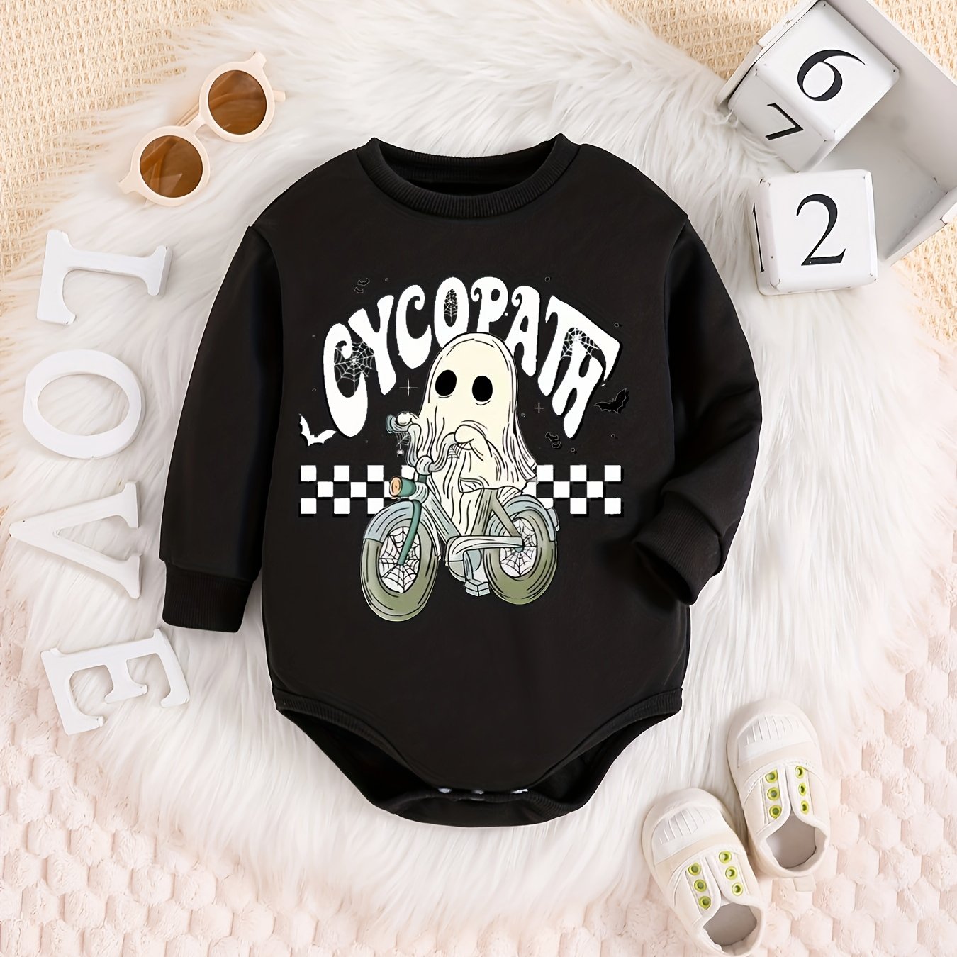 Cartoon Ghost Riding Bike Halloween Onesie Newborn Long Sleeve